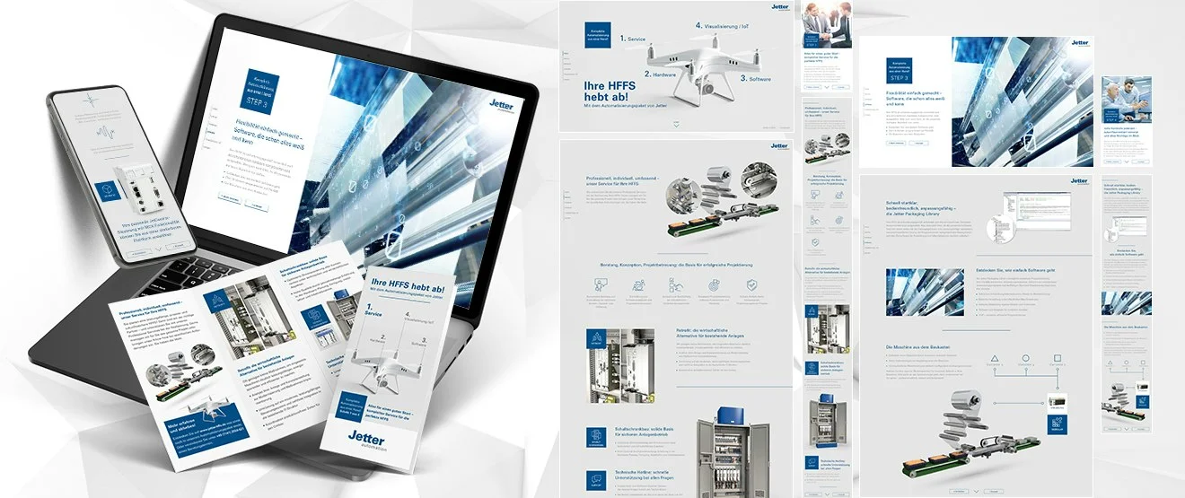 Jetter HFFS-Kampagne: Landingpage auf Laptop und Smartphone, gefaltetes Print-Mailing und Screens der Landingpage