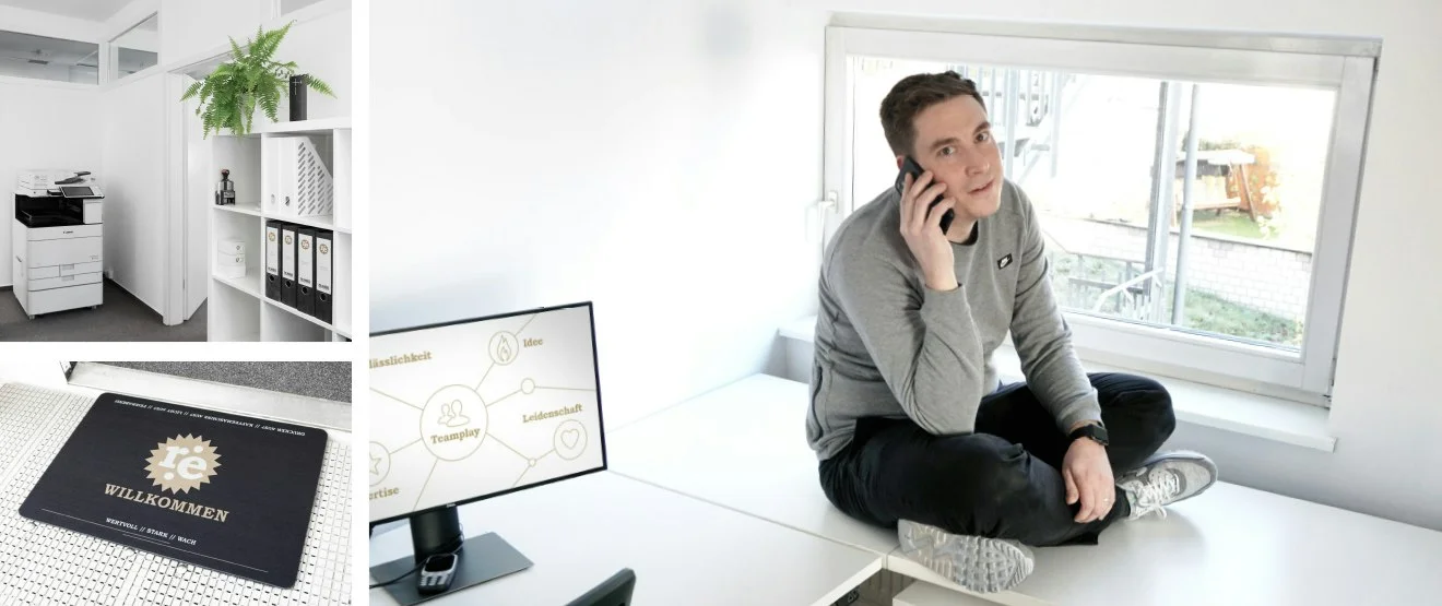 Drucker und Regal im Büro, Fußmatte „Willkommen“ mit re:spkt-Logo, Mitarbeiter telefoniert im Schneidersitz auf dem Schreibtisch
