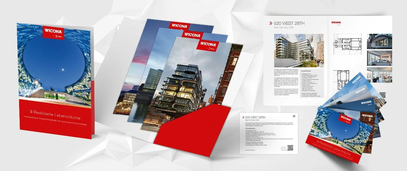 WICONA Architektenmappe „Realisierte Lebensräume“ mit Projektblättern und Fächer mit Projekt-Steckbriefen